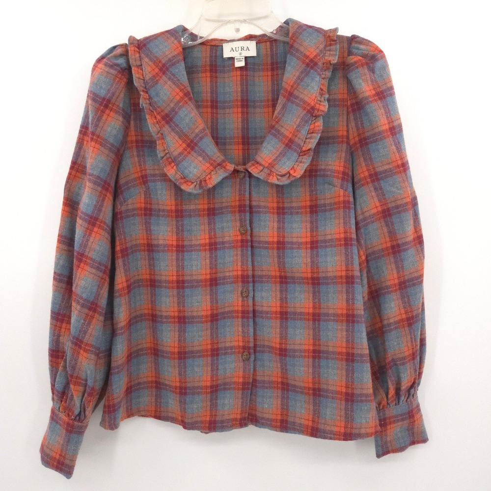 Aura Plaid Ruffle Collar Flannel Blouse Women S Orange Fall Western Prairie